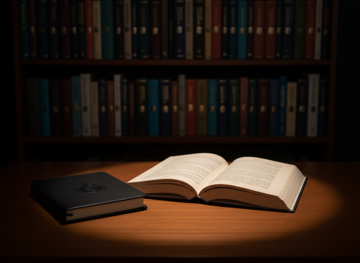 A close-up, photographic-realistic scene of an open book resting on a rich mahogany table, its cream pages filled with crisp, jet-black serif type, accompanied by a black notebook embossed with a subtle flame emblem. In the blurred background, three shelves of diverse book spines in varying heights and colors suggest 35 and growing titles, unified by a sophisticated design language. Warm, directional lamplight from the right skims across the paper, emphasizing texture and casting a gentle pool of light that fades into a velvety dark. Shot at a slightly elevated angle with shallow depth of field, the mood is intimate, contemplative, and quietly powerful, honoring Black stories in every genre.