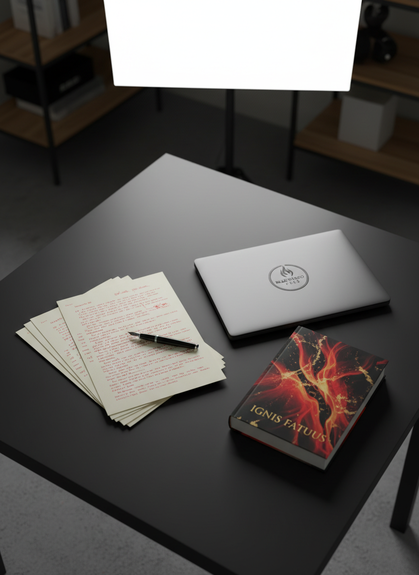 An overhead, photographic-realistic view of a minimalist editorial workspace featuring a large, matte-black table with neatly arranged manuscript pages marked with precise red-ink edits, a sleek fountain pen, and a closed laptop with a subtle Black Fuego Press emblem embossed on the cover. Beside the papers lies a single, striking book with a fire-inspired abstract cover in rich crimson, onyx, and gold. Soft, indirect studio lighting from above creates clean, controlled shadows and a refined, modern mood. The composition uses asymmetrical balance with sharp focus on the manuscript, while the background gently fades, conveying professional rigor and creative intensity in independent publishing.
