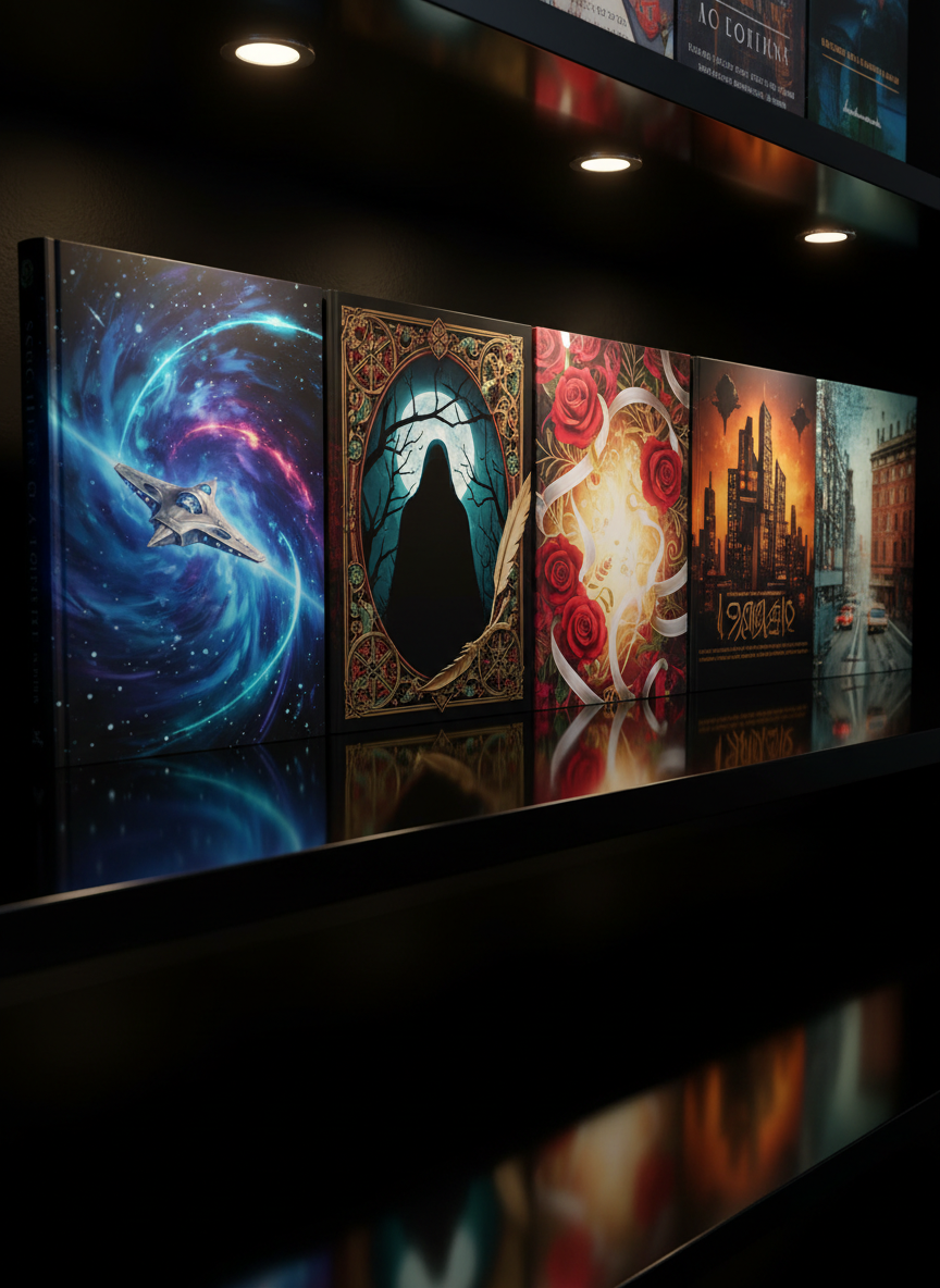 A row of six distinct, photorealistic book covers standing upright on a reflective black glass shelf, each cover representing a different genre through sophisticated, symbolic artwork: a sleek sci-fi nebula, an intricate historical motif, a moody mystery silhouette, a lush romantic pattern, a bold speculative design, and a grounded contemporary urban texture. The dominant palette weaves deep blacks with saturated jewel tones and subtle metallic accents. Soft, focused gallery-style spotlights from above create crisp highlights along the top edges and gentle reflections below. Shot at a slight angle with a medium depth of field, the image feels polished, artistic, and conceptually aligned with the idea of six pen names, six genres, unified under one elevated Black publishing brand.