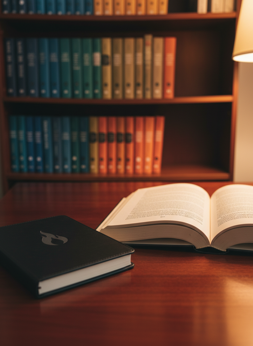 A close-up, photographic-realistic scene of an open book resting on a rich mahogany table, its cream pages filled with crisp, jet-black serif type, accompanied by a black notebook embossed with a subtle flame emblem. In the blurred background, three shelves of diverse book spines in varying heights and colors suggest 35 and growing titles, unified by a sophisticated design language. Warm, directional lamplight from the right skims across the paper, emphasizing texture and casting a gentle pool of light that fades into a velvety dark. Shot at a slightly elevated angle with shallow depth of field, the mood is intimate, contemplative, and quietly powerful, honoring Black stories in every genre.