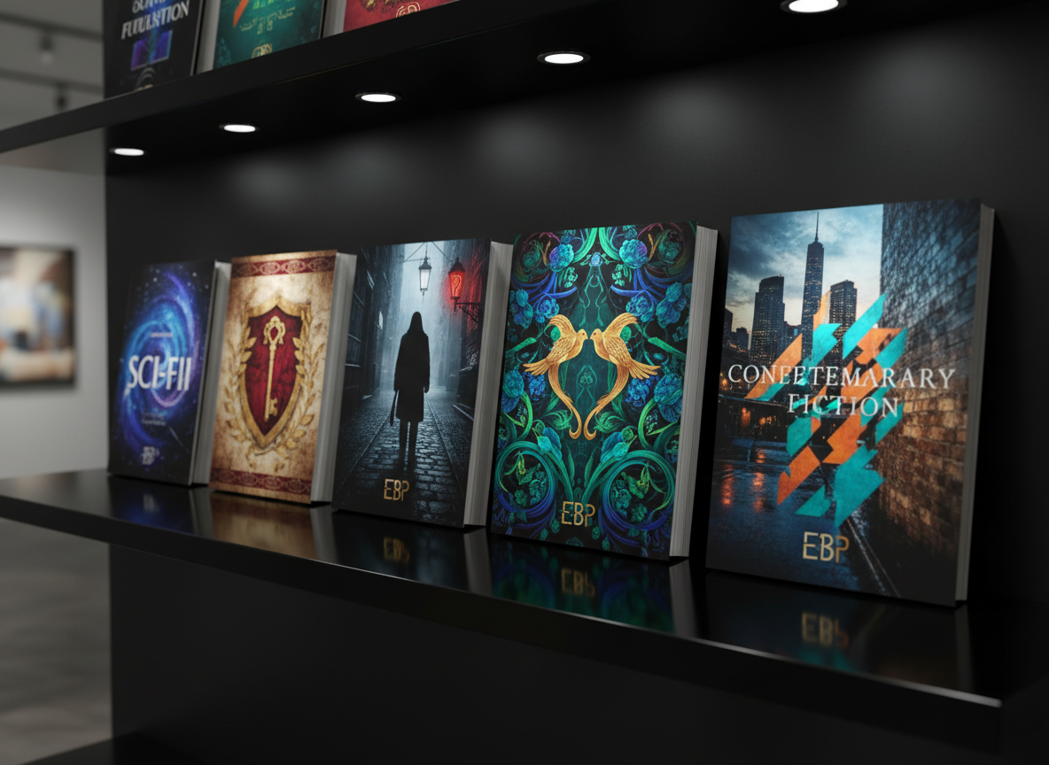 A row of six distinct, photorealistic book covers standing upright on a reflective black glass shelf, each cover representing a different genre through sophisticated, symbolic artwork: a sleek sci-fi nebula, an intricate historical motif, a moody mystery silhouette, a lush romantic pattern, a bold speculative design, and a grounded contemporary urban texture. The dominant palette weaves deep blacks with saturated jewel tones and subtle metallic accents. Soft, focused gallery-style spotlights from above create crisp highlights along the top edges and gentle reflections below. Shot at a slight angle with a medium depth of field, the image feels polished, artistic, and conceptually aligned with the idea of six pen names, six genres, unified under one elevated Black publishing brand.