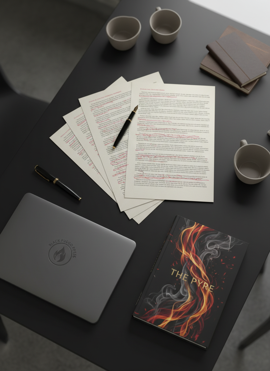 An overhead, photographic-realistic view of a minimalist editorial workspace featuring a large, matte-black table with neatly arranged manuscript pages marked with precise red-ink edits, a sleek fountain pen, and a closed laptop with a subtle Black Fuego Press emblem embossed on the cover. Beside the papers lies a single, striking book with a fire-inspired abstract cover in rich crimson, onyx, and gold. Soft, indirect studio lighting from above creates clean, controlled shadows and a refined, modern mood. The composition uses asymmetrical balance with sharp focus on the manuscript, while the background gently fades, conveying professional rigor and creative intensity in independent publishing.