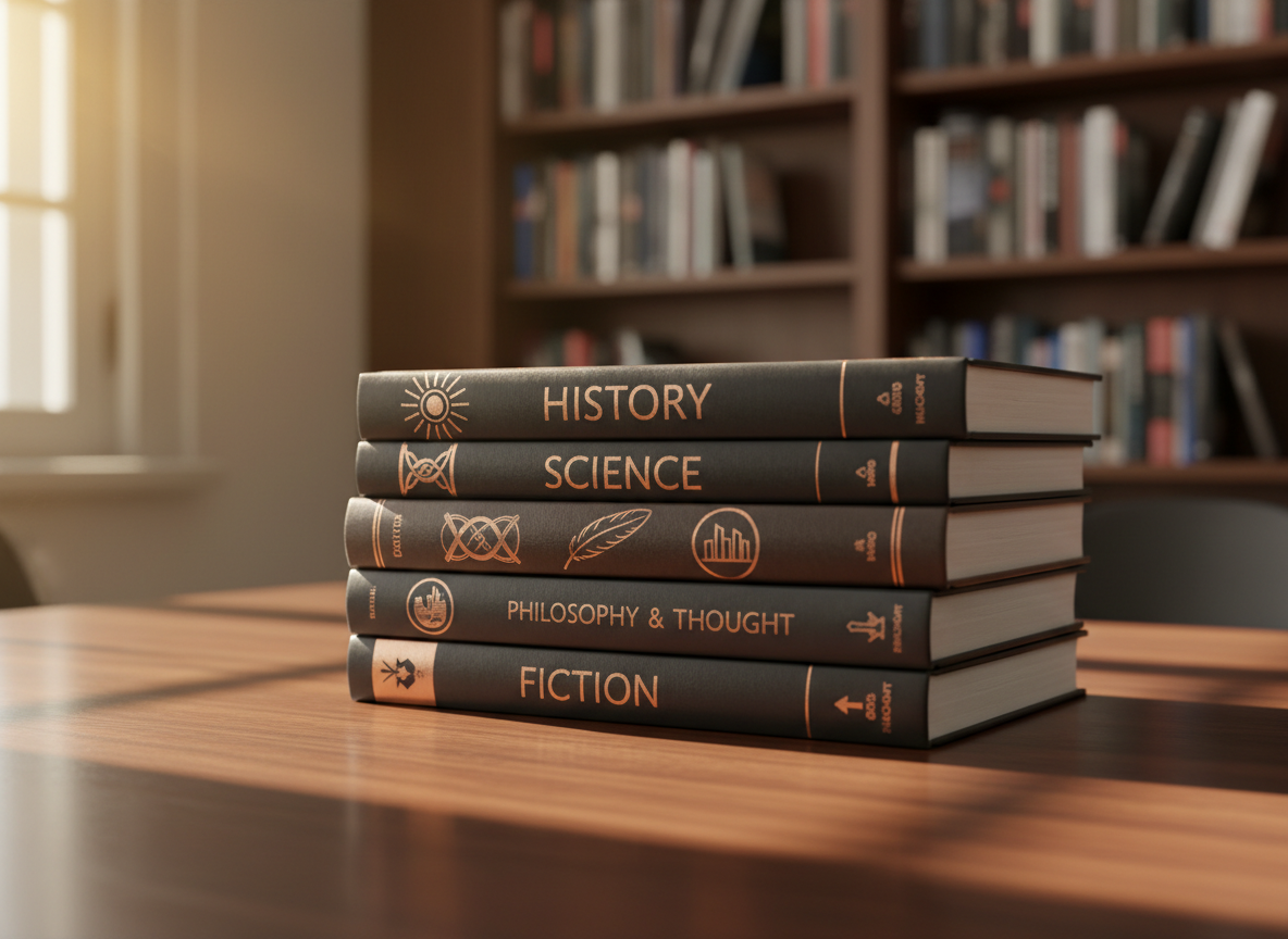 A meticulously arranged stack of hardcover books on a dark walnut publishing desk, each spine featuring bold, modern typography in metallic copper and deep charcoal tones, subtly hinting at different genres through symbolic icons rather than titles. The desk is set in a refined studio space with floor-to-ceiling shelves fading softly out of focus, filled with more elegantly designed book spines. Warm, diffused golden-hour light pours in from an unseen window to the left, casting long, dignified shadows and gentle highlights on the glossy covers. Photographic realism at eye level, with a shallow depth of field and a calm, sophisticated atmosphere that evokes the gravitas and ambition of an independent Black-focused press.