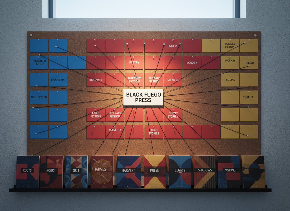 A refined, photorealistic scene inside a small independent press office: a large wall-mounted corkboard covered with neatly pinned, color-coded index cards labeled by genre, connected with slender black threads that converge toward a central card reading “Black Fuego Press.” Below, a slim black shelf displays a curated sequence of genre-defining books with sophisticated, abstract covers in deep reds, blues, and golds. Cool, diffused daylight enters from a high window, while a single warm desk lamp adds a focused glow on the central card, creating a balanced, intellectual atmosphere. Captured straight on with sharp focus throughout, the composition suggests strategic planning, expansion, and the deliberate placement of Black authors across the literary landscape.